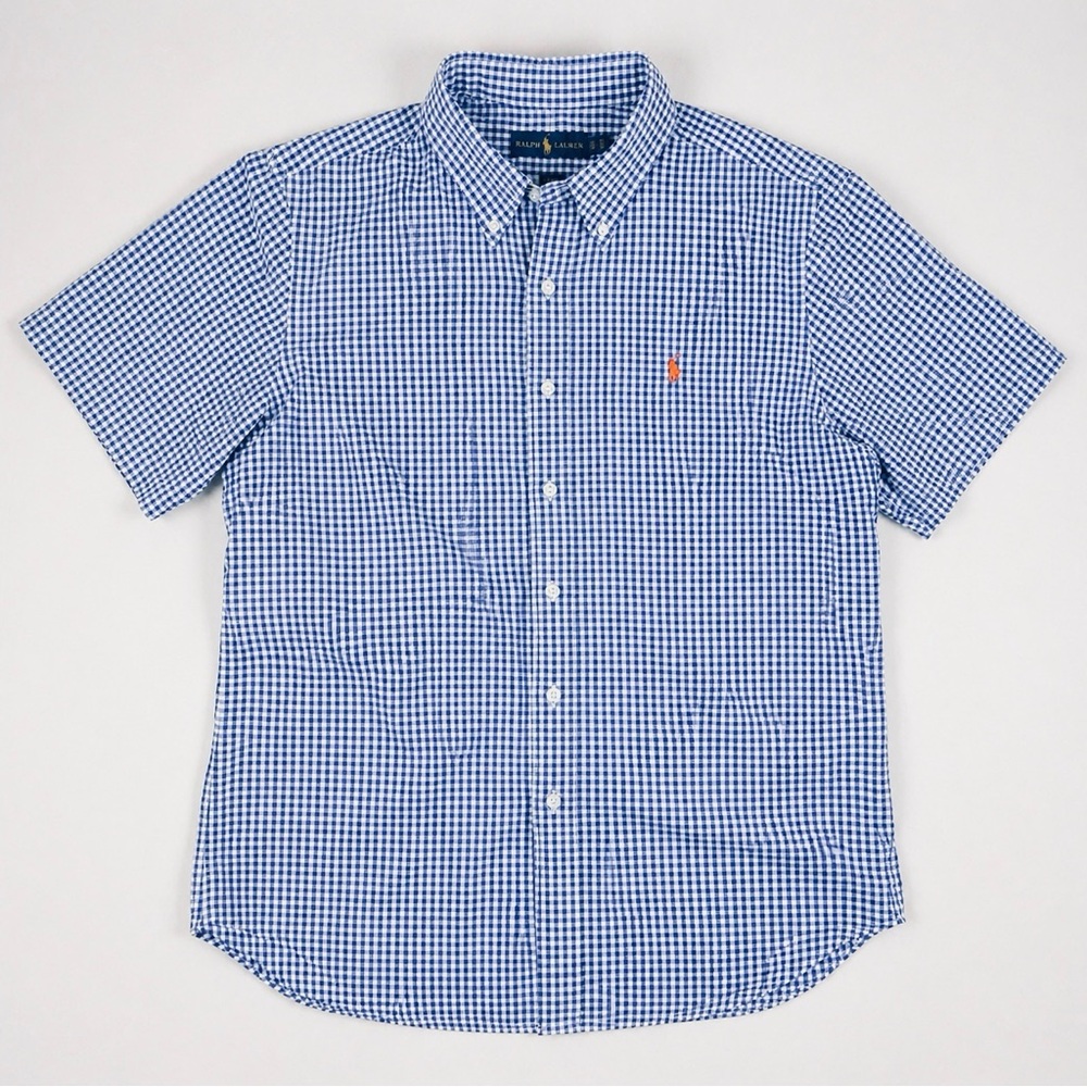 Ralph Lauren Blue Gingham Seersucker checked short sleeve Polo shirt size Large